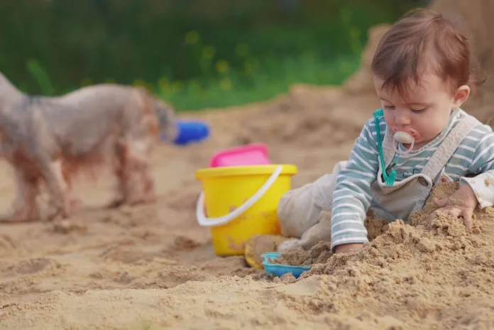 Dziecko bawi się w piaskownicy, obok psa.
